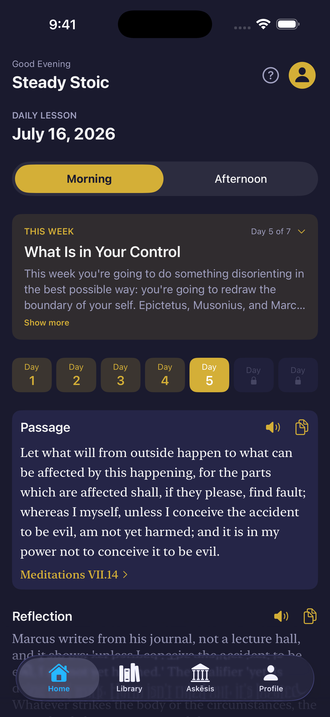Steady Stoic daily lesson screen on iPhone