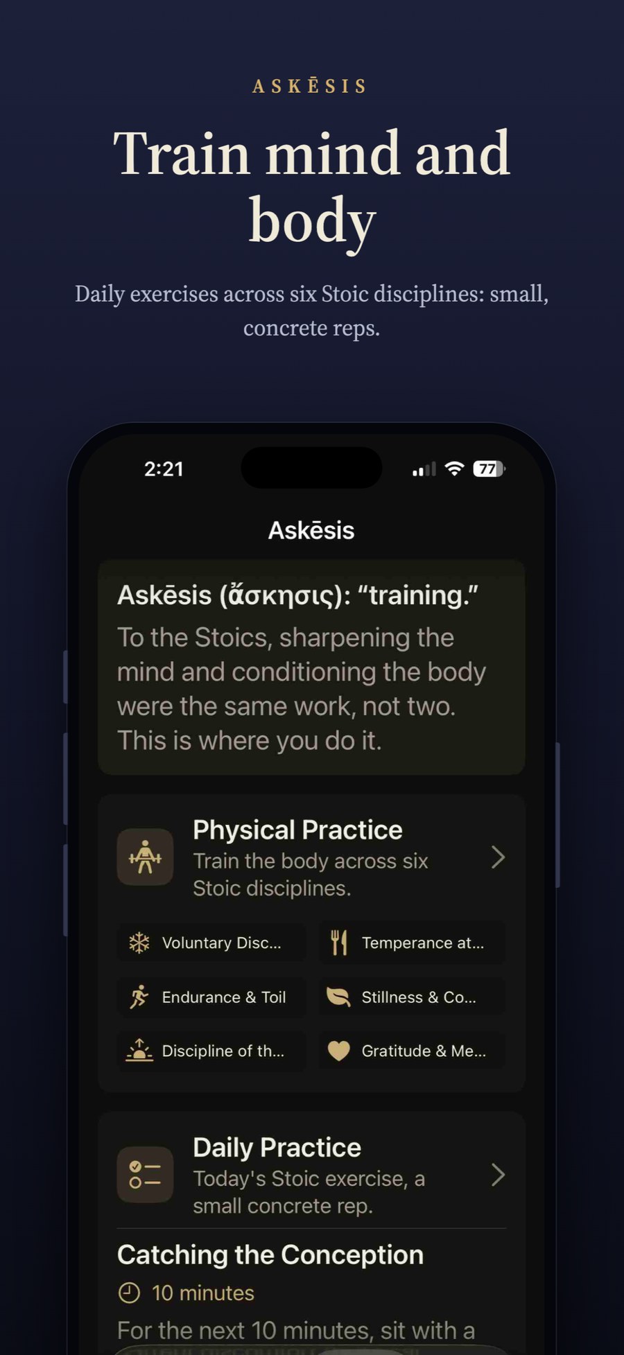 Askēsis: physical practice across six Stoic disciplines, plus one daily practice to actually do.
