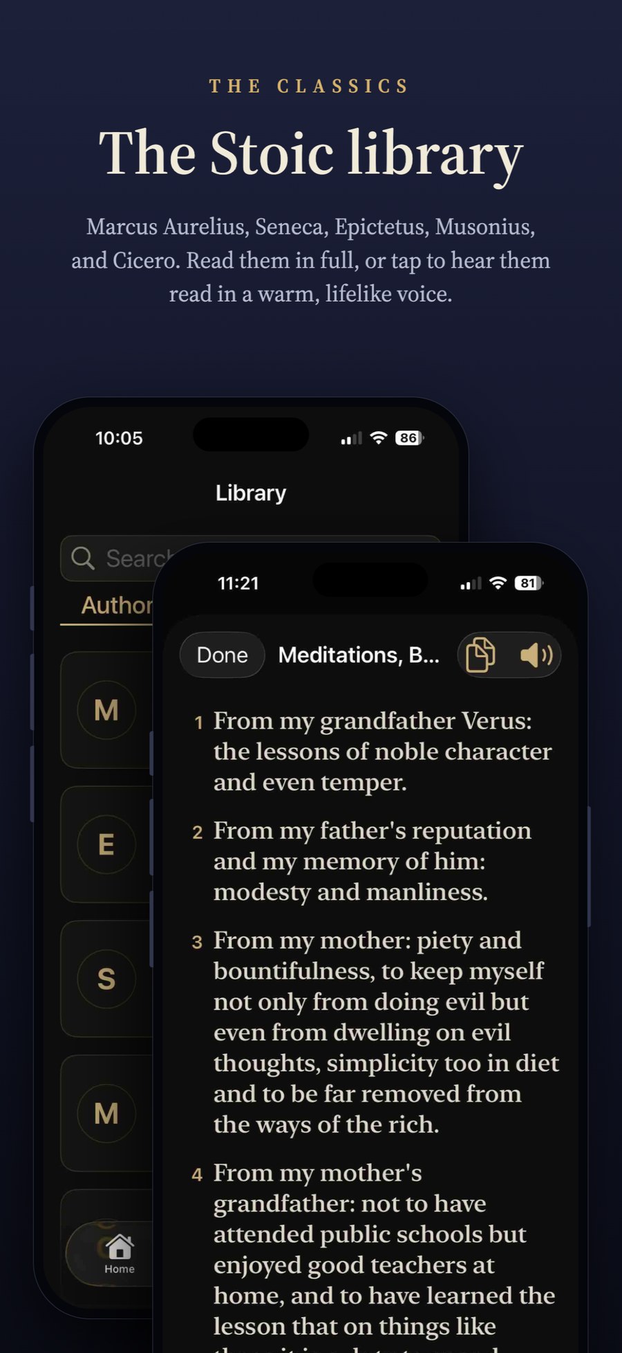 The Stoic library, browsable by author, with a full chapter of Meditations open to read or hear.