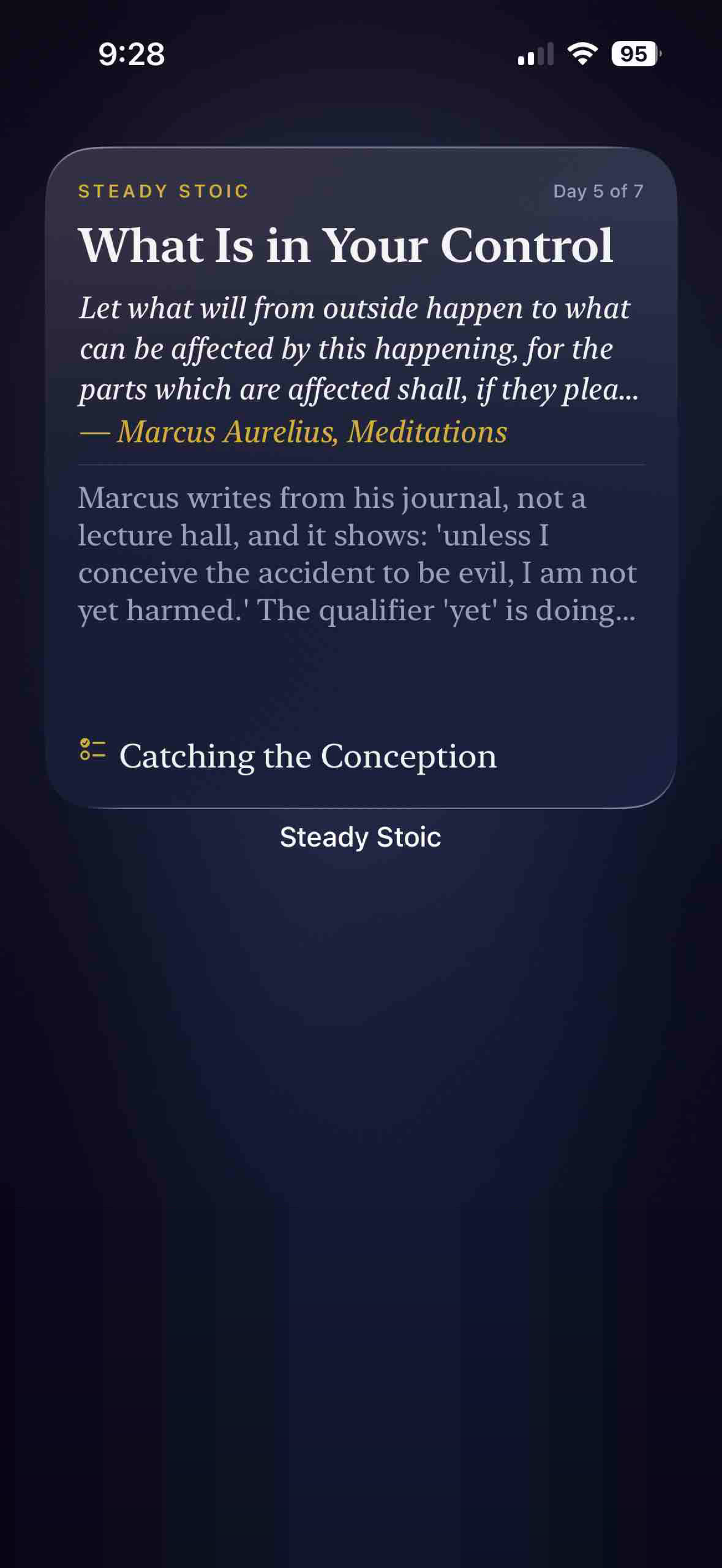 Steady Stoic home-screen widget showing the day's lesson